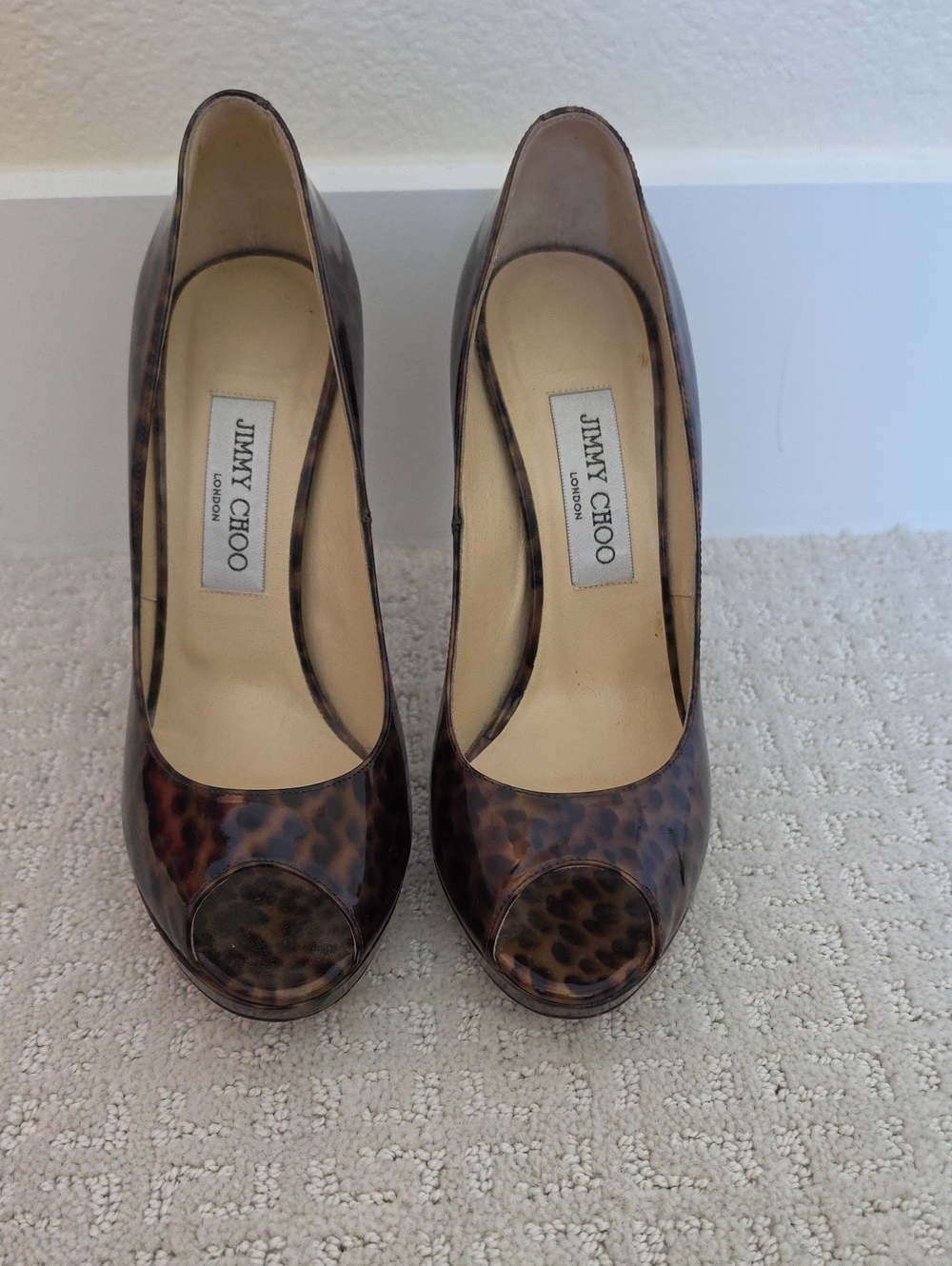 Jimmy Choo Leopard Patent Peep-Toe Heels in Brown and Black